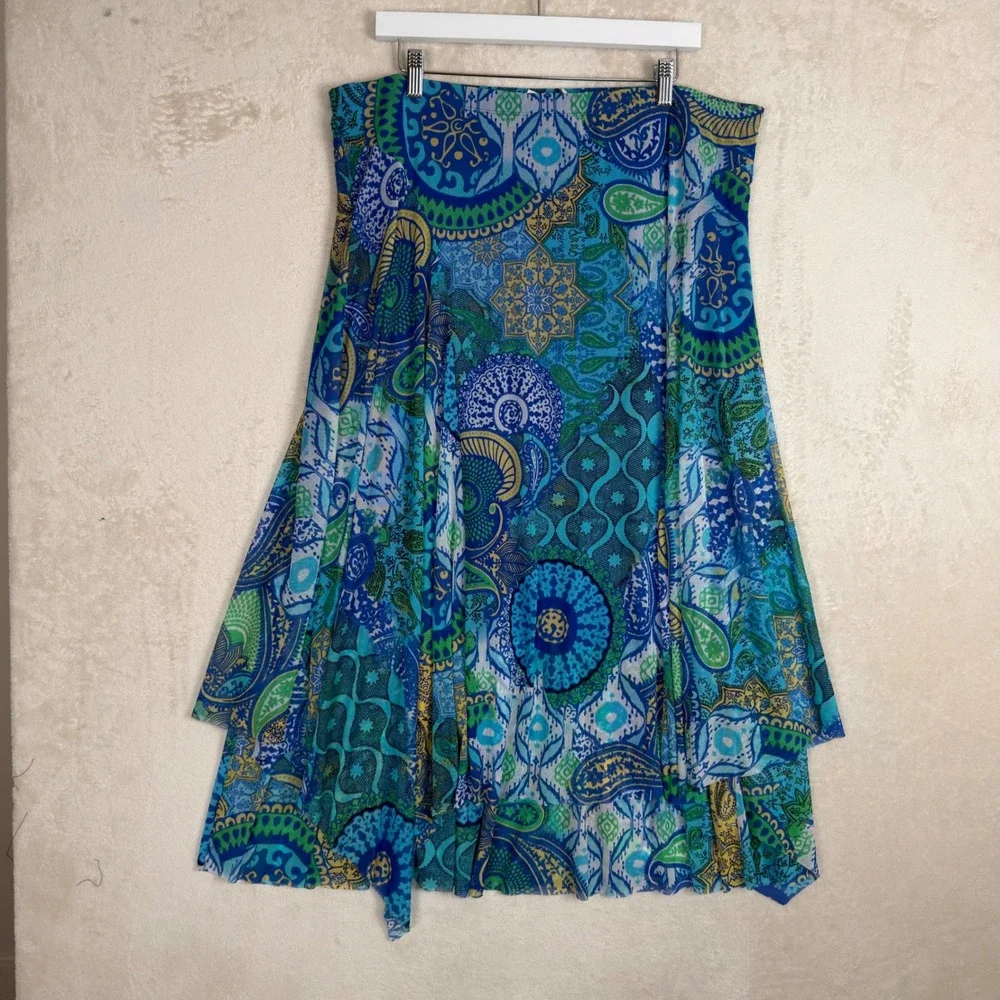 Chico's Blue Green Paisley Mesh Handkerchief Hem Pull On Midi Skirt Size XL - Picture 1 of 8